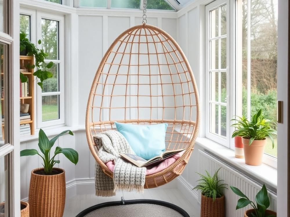 Hanging egg chair in a conservatory reading corner