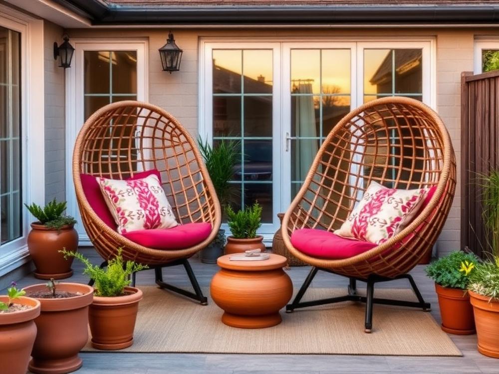 Two egg chairs with colourful cushions on a patio