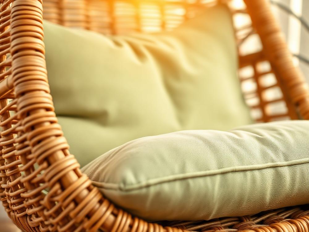 Close-up of a rattan egg chair frame with a sage green cushion