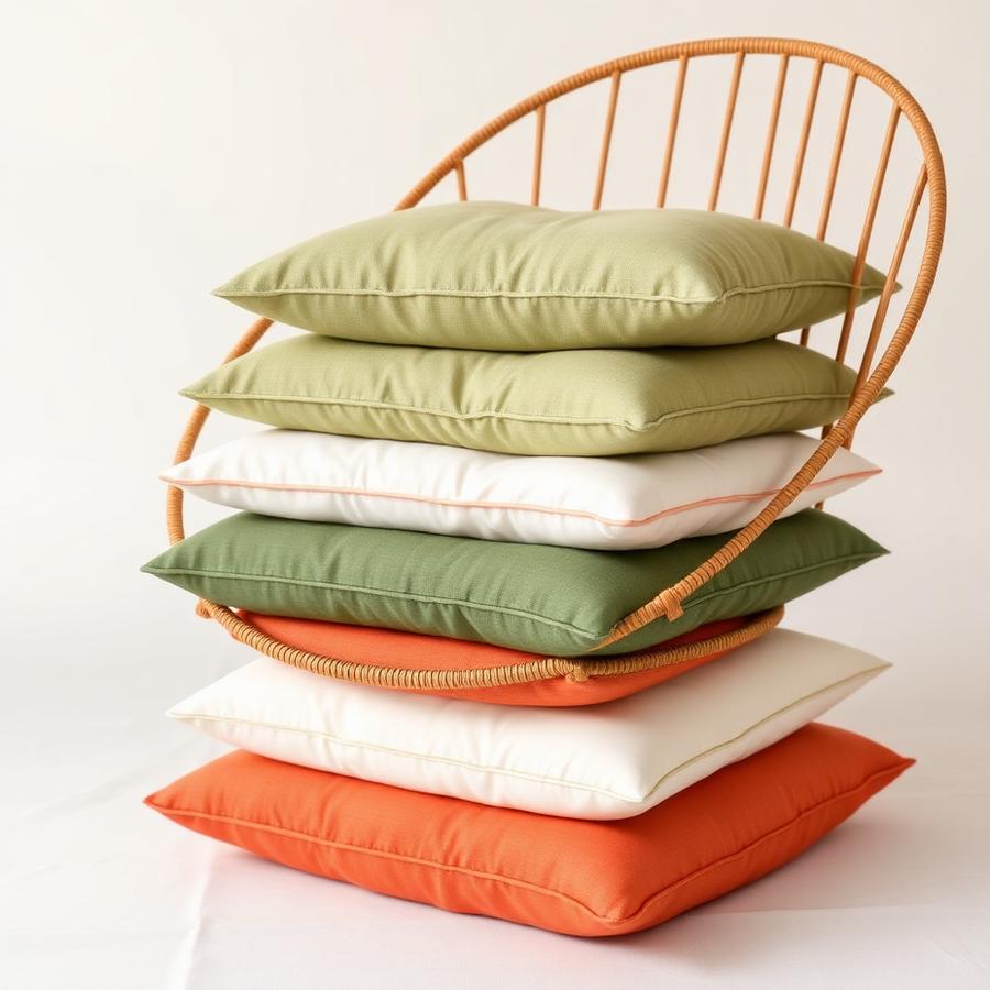 Stacked egg chair cushions in sage, cream and terracotta